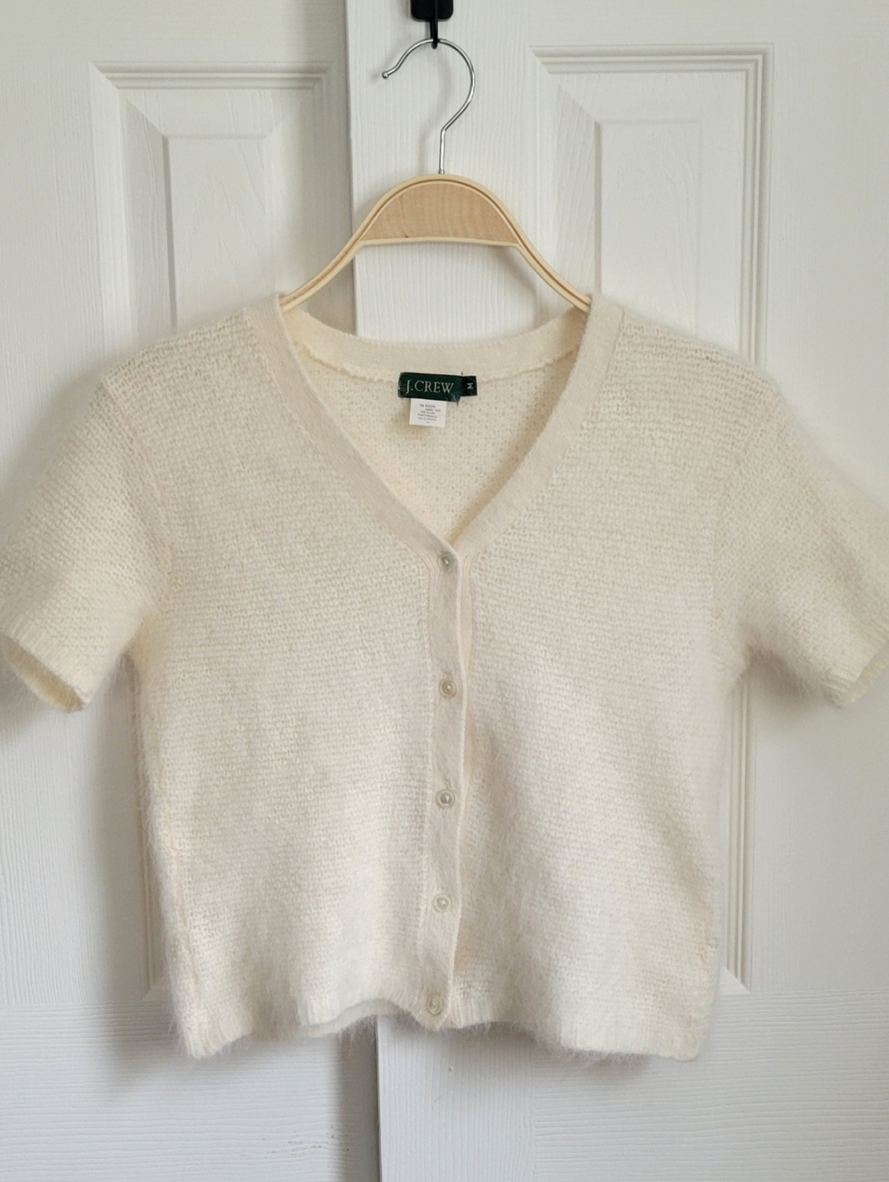 J. Crew Cream Short-Sleeve V-Neck Button Cardigan